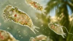 Lago de agua dulce en verano con nadadores al fondo; ilustración del hábitat de Naegleria fowleri, la ameba comecerebros
