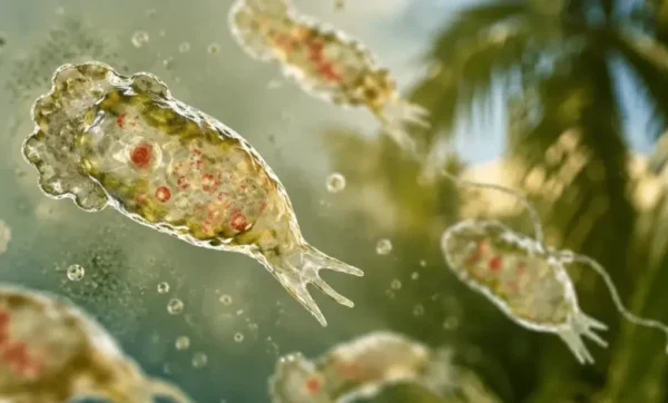 Lago de agua dulce en verano con nadadores al fondo; ilustración del hábitat de Naegleria fowleri, la ameba comecerebros