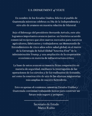 En el marco del aniversario de Independencia Marco Rubio felicita a Guatemala